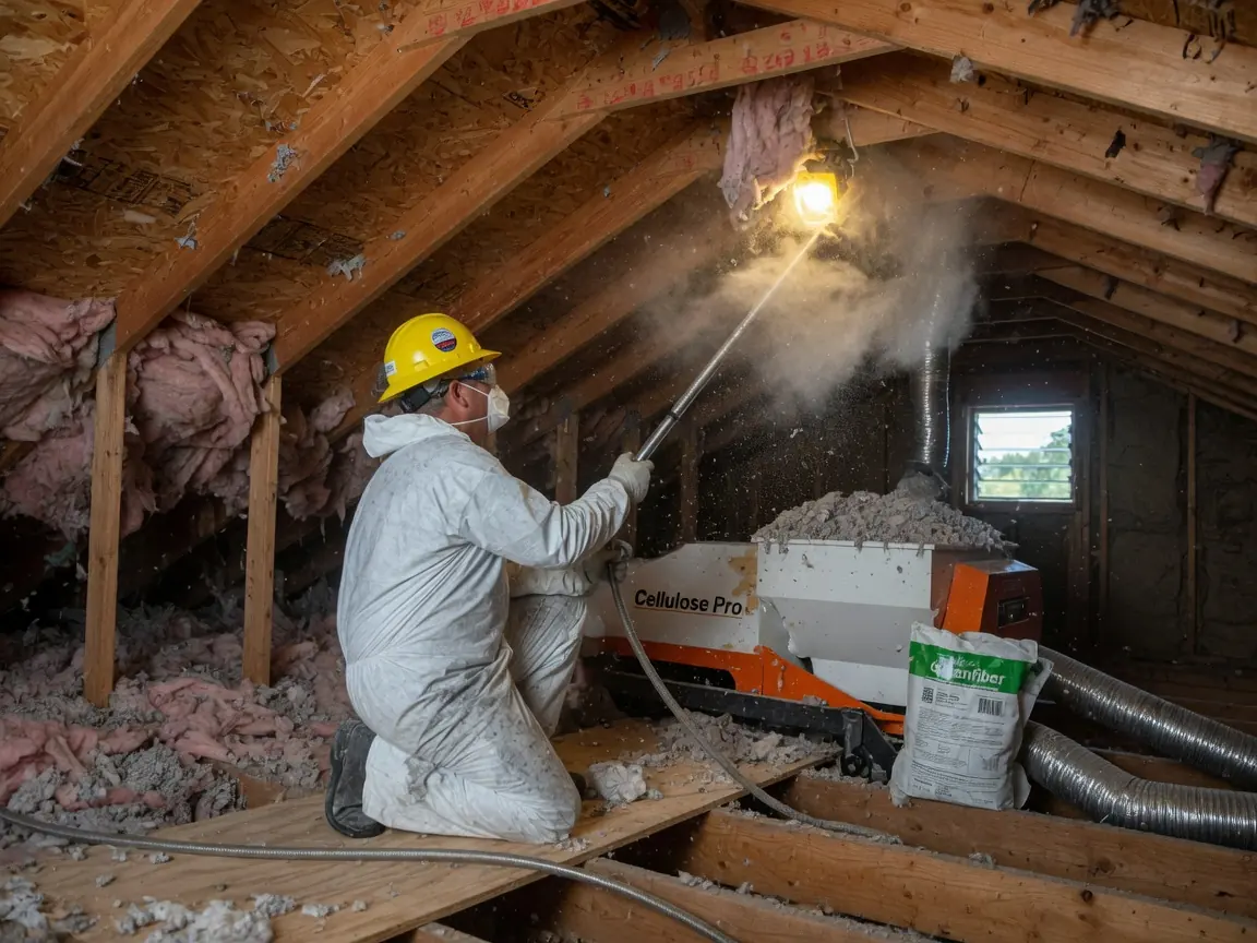 Blown-in insulation being added to an attic floor in Tulsa, OK