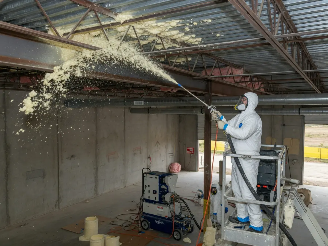 Commercial spray foam insulation inside a metal building in Tulsa, OK
