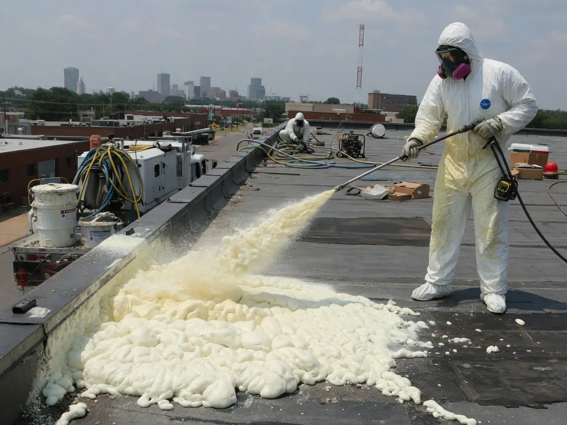Spray foam roofing with protective coating on a commercial roof in Tulsa, OK